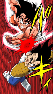 Goku strikes Vegeta while in his three-times Kaio-Ken state
