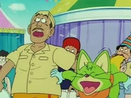 Konkichi y el comerciante sorprendidos por la fuerza de Son Goku