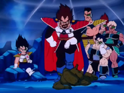 El rey vegeta junto a un grupo de saiyans de elite. Entre ellos su hijo.