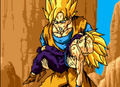 Goku holding an injured Gohan in Idainaru Son Goku Densetsu