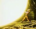 Goku fires an Energy Wave while inside Buu