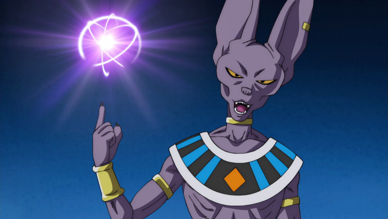 Beerus claps his hands together and creates a purple-colored atom-shaped en...