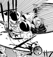 Frieza is sliced in half.