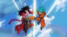 Super Saiyan Blue Goku clashing with Super Saiyan 4 Goku: Xeno in Super Dragon Ball Heroes