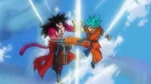 Super Saiyan 4 Xeno Goku clashing with Super Saiyan Blue Goku in Super Dragon Ball Heroes