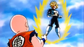 Krillin panics as he sees Trunks power up