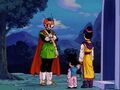 Gohan showing his Great Saiyaman Suit to Chi-Chi and Goten in Dragon Ball Z