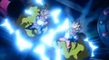 Trunks fires a Buster Cannon at Bio-Broly in Bio-Broly