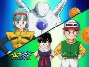 Krillin and Gohan on one side, Bulma and the Namekian Spaceship on the other