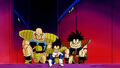 Nappa, Vegeta, and Raditz kneel in front of Frieza