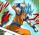 Blue Kaio-ken Goku throw an overhand punch on Jiren
