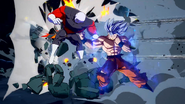 Son Goku (Doctrina egoísta) fortificando la magnitud del golpe fuerte al estómago de Jiren en Dragon Ball FighterZ.