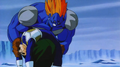 Super Android 13 drops Vegeta on his right knee