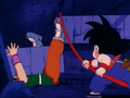 Goku accidentally knocks a pillar on Yamcha
