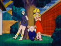 Bulma, Oolong and Launch leaning on a tree at the 23rd World Tournament