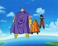 Goku, Babidi and Majin Buu flying over West City