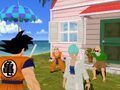 Goku at Kame House with Krillin, Bulma, and Roshi