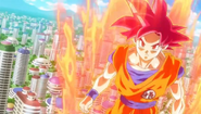 Goku Supersaiyano Dios sobre una ciudad