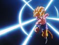 Goku jumps while charging his Super Kamehameha