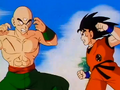 Tien and Goku continue battling