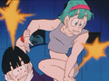 Gohan pulling Bulma through the gunfire