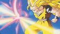 Super Saiyan 3 deflects Majin Buu's blasts