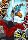 Blue Kaio-ken Goku lands a powerful jab at Jiren