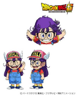 Hoja de diseño de personaje de Arale Norimaki enfocada en expresiones para Dragon Ball Super por Tadayoshi Yamamuro.