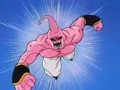 An angry Super Buu flies at Gotenks