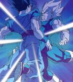 Luego de ponerse los aretes en la oreja derecha e izquierda respectivamente, Goku y Vegeta chocan entre si para dar como resultado a vegetto.