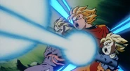 Goku, Gohan y Goten haciendo el Kamehameha contra Broly
