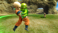 A Saibaman attacking Krillin while Nappa watches