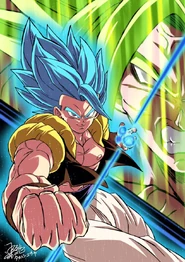 Dibujo de Gogeta Supersaiyano Azul con Broly Supersaiyano al Máximo Poder en el fondo, siguiendo el estilo de Dragon Ball Super: Broly.