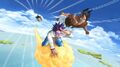 DBXV2 Artwork (Loading Screen) Artwork 28 (Saiyan Future Warrior riding Flying Nimbus with Goku (Final DBZ Gi) & Majuub (Kid Outfit) flying alongside)