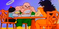 Tien, Chiaotzu, and Yamcha eat