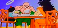 Tien, Chiaotzu and Yamcha eat