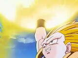 Gotenks holding the Splitting Headache with his right-hand raised