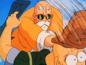 Roshi knocks out one of the Red Ribbon soldiers