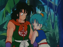 Bulma holds onto Yamcha in the jungle