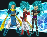 Dragon Ball Heroes male Saiyan Avatars in their Super Saiyan Blue forms