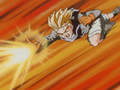 Trunks fires Ki Blasts while flying