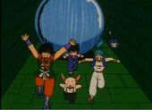 Goku, Yamcha, Bulma, Puar and Oolong running away from a giant pinball in Pilaf's castle