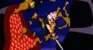 Trunks uses the Brave Sword to cut off Hirudegarn's tail