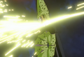 Krillin's Destructo Disc hits Cell