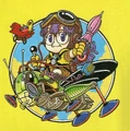 Arale rides a mechanical cricket