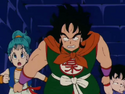 Bulma and Yamcha run, dragging along a famished Goku