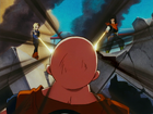 Future Androids 17 and 18 fire Finger Beams at Future Krillin