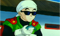 Gohan wearing the Great Saiyaman Suit while holding Frog Ginyu in Dragon Ball Z