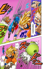 SSJ3 Goku unable to land a blow on Beerus (manga)