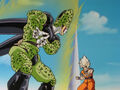 Cell prepares a Super Kamehameha to fire at Goku